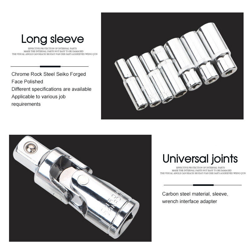 53PCS Deep Socket Set Metric Wrench CRV 1/4" Drive Flexible Extension Bar Tools