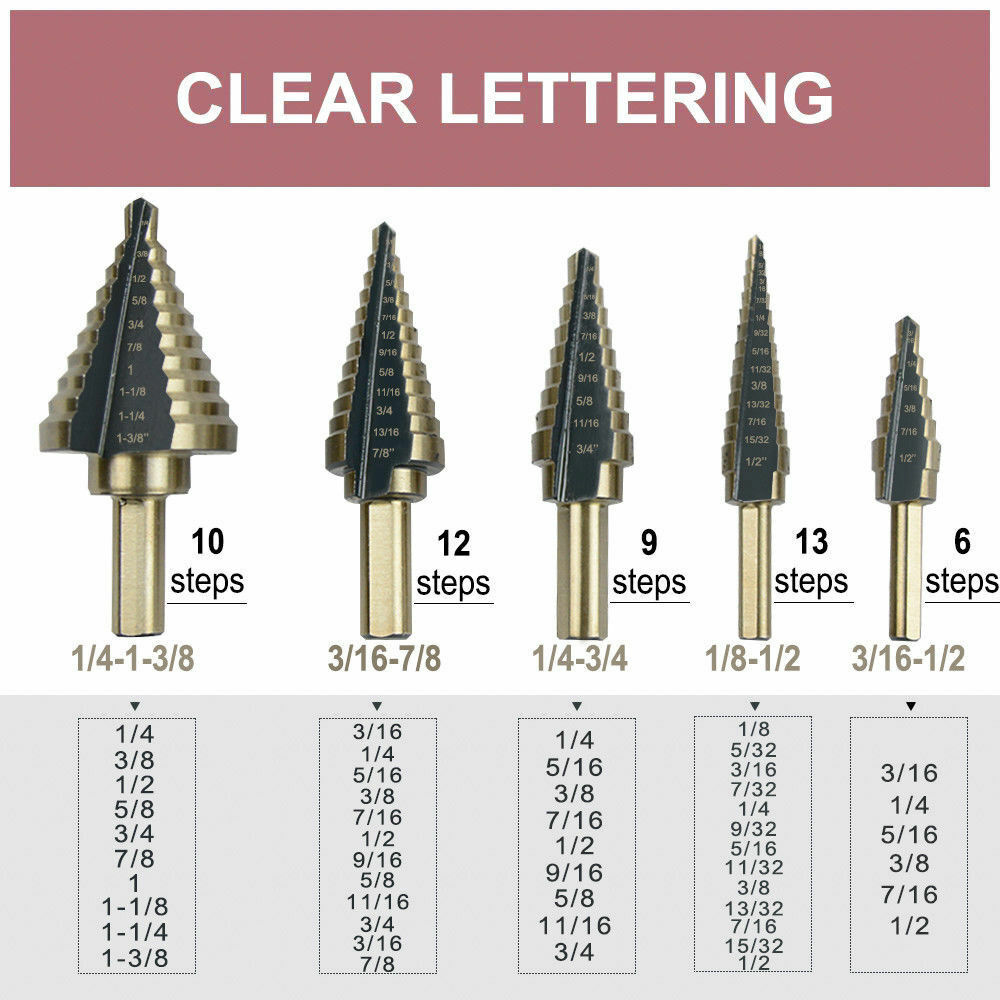 5PCS HSS Step Steel Cone Drill Titanium Bits Set Kit Hole Cutter+Aluminum Case