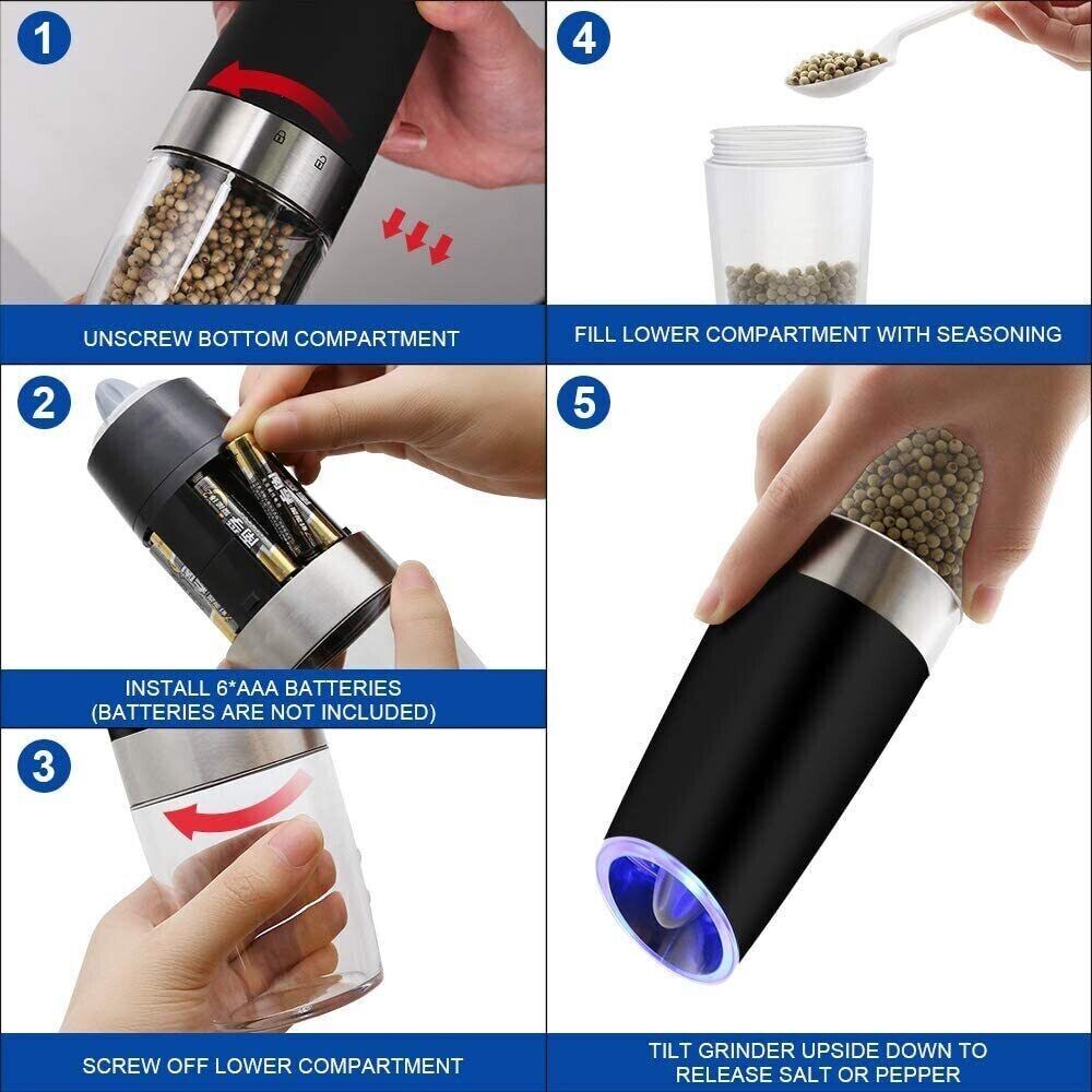 Gravity Electric Salt and Pepper Grinder Mill Shakers Adjustable Automatic