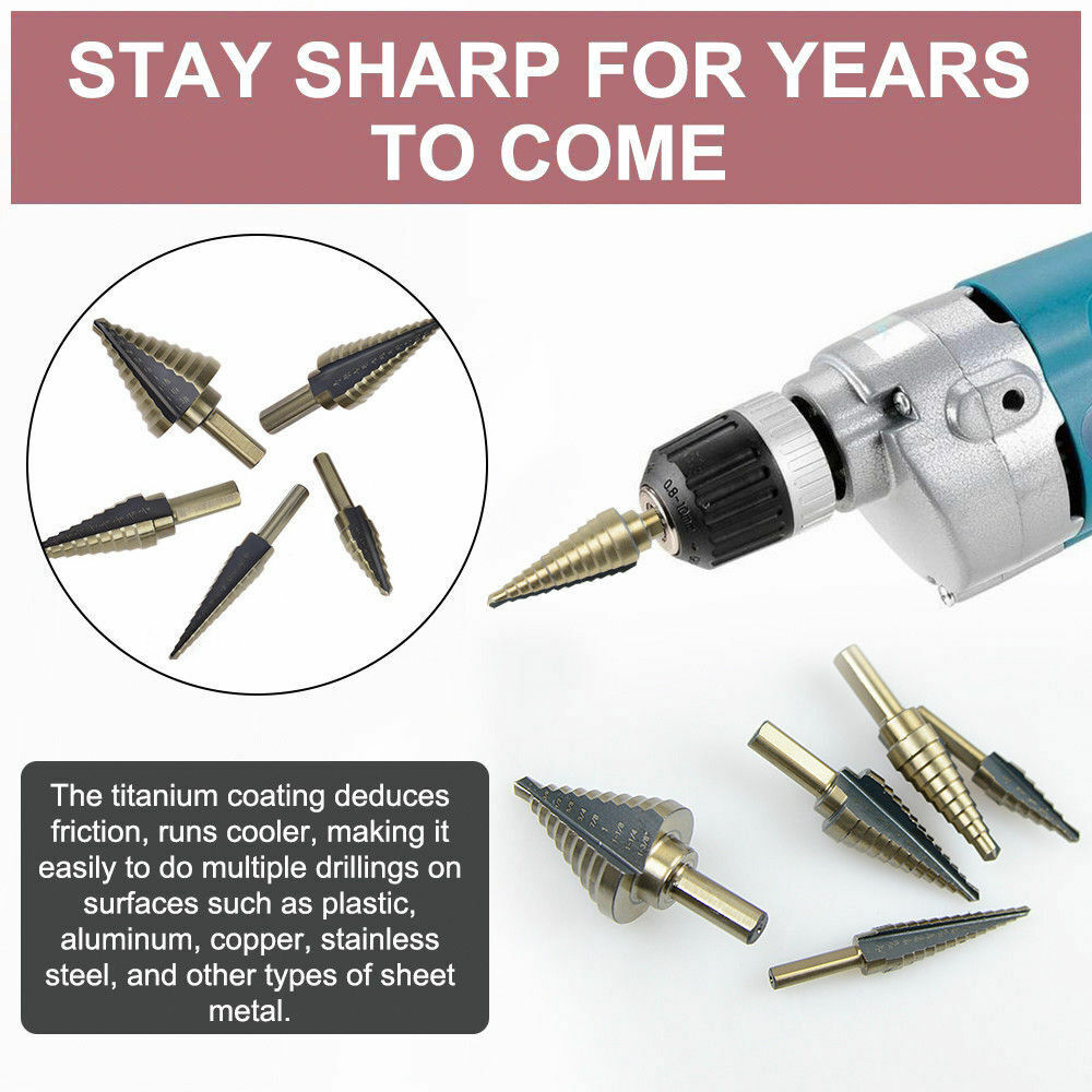 5PCS HSS Step Steel Cone Drill Titanium Bits Set Kit Hole Cutter+Aluminum Case
