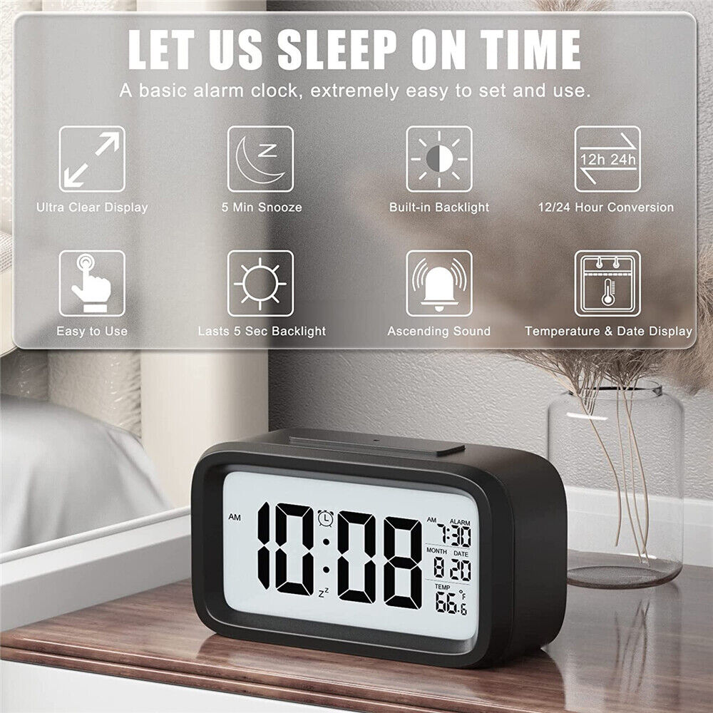 Digital Bedside Table LED Snooze Alarm Clock Time Temperature Day/Night Date
