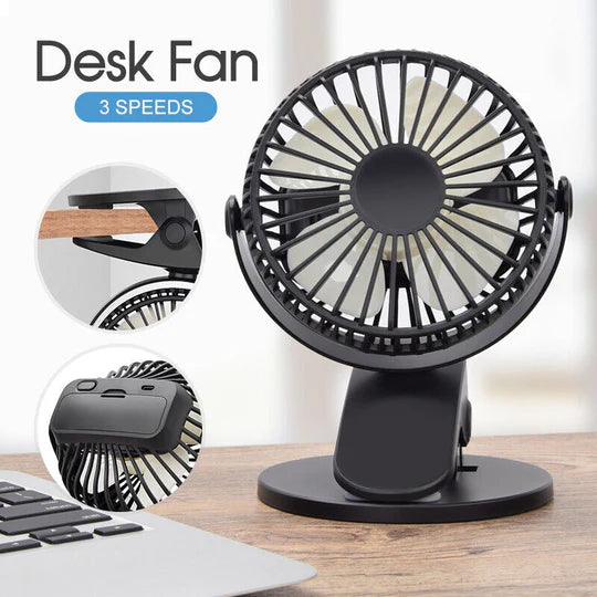 PORTABLE DESK FAN MINI USB RECHARGEABLE QUIET COOLER TABLE CLIP PRAM COOLING