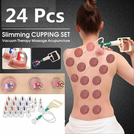 24 CUPS VACUUM CUPPING SET MASSAGE KIT ACUPUNCTURE SUCTION MASSAGER PAIN RELIEF