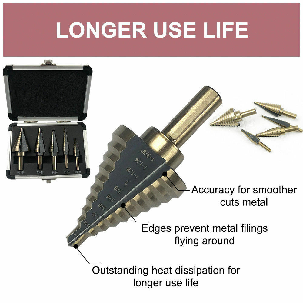 5PCS HSS Step Steel Cone Drill Titanium Bits Set Kit Hole Cutter+Aluminum Case