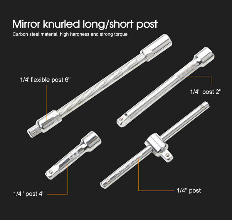53PCS Deep Socket Set Metric Wrench CRV 1/4" Drive Flexible Extension Bar Tools