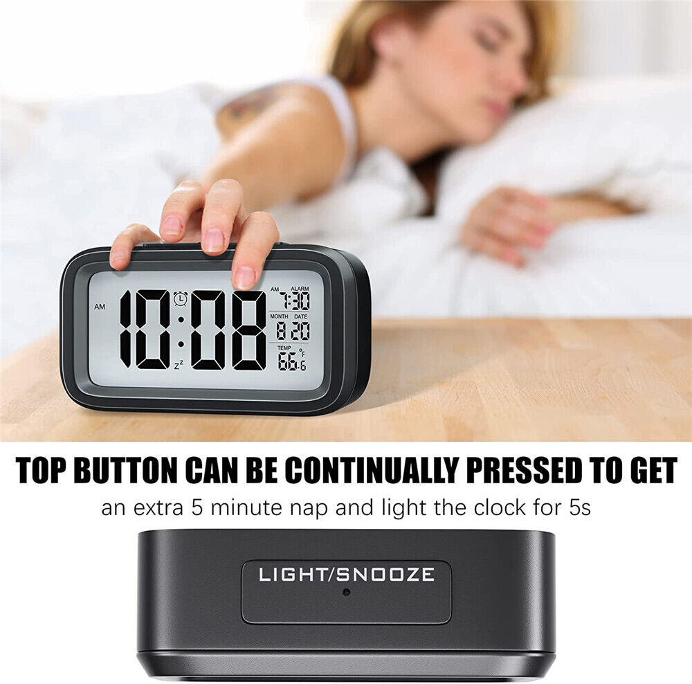 Digital Bedside Table LED Snooze Alarm Clock Time Temperature Day/Night Date