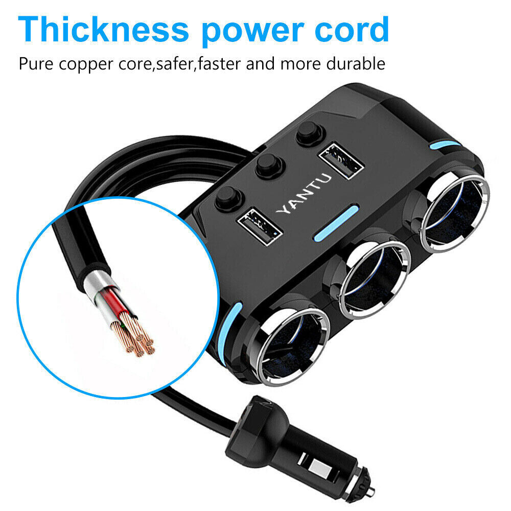 Three Way 12V Multi Socket Car Lighter Splitter Dual USB Charger Adapter