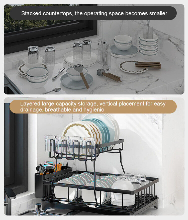 Detachable Dish Drying Rack 2 Tier Drainboard Cutlery Drainer Organizer
