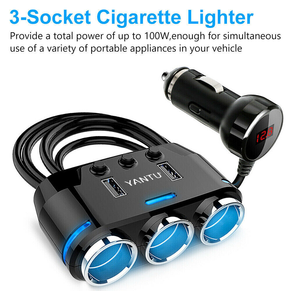 Three Way 12V Multi Socket Car Lighter Splitter Dual USB Charger Adapter