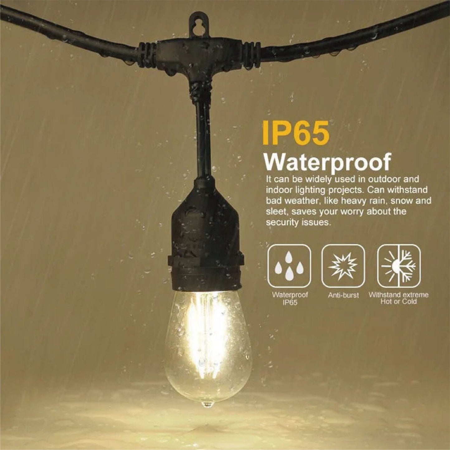 48FT LED Festoon Lights Solar String Light Waterproof Party Outdoor Bulbs