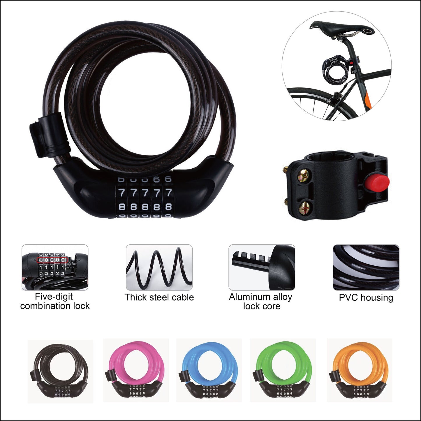 1.2m Bicycle Password Lock Anti-Theft Scratch-Resistant Lock/ Five colors