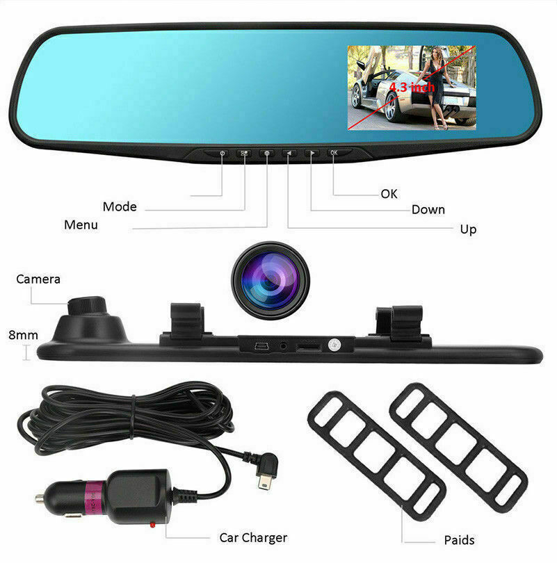 4.3" 1080P Dual Lens Car Auto DVR Dash Cam Video Camera Recorder Rearview Mirror