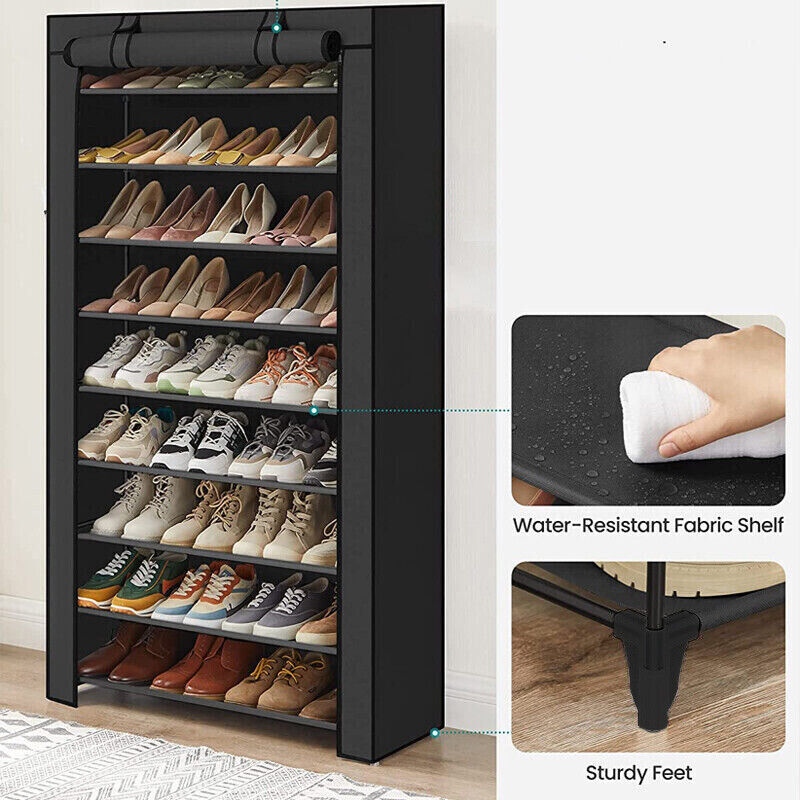 10 Tier Shoe Rack Portable Storage Cabinet Organiser Wardrobe Black Cover