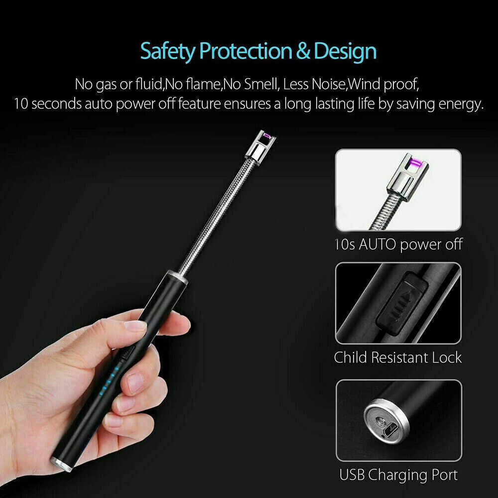 Electric Flameless USB Lighter BBQ Windproof Kitchen Candle Rechargeable Black
