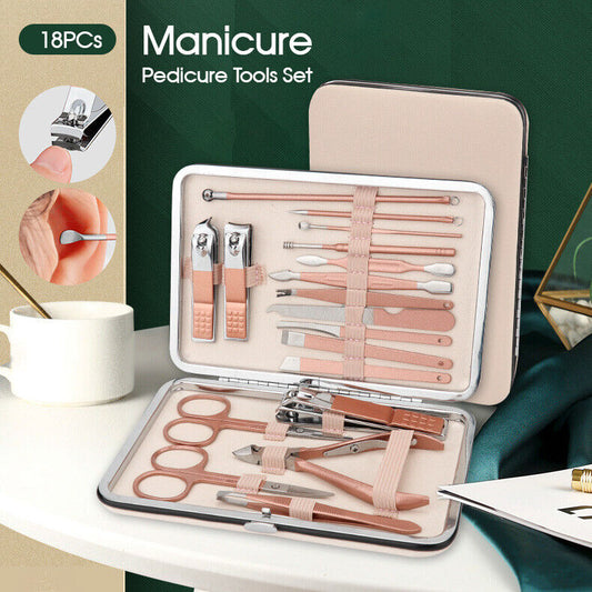 18PCS Manicure Pedicure Kit Set Stainless Steel Nail Grooming Clippers Tools