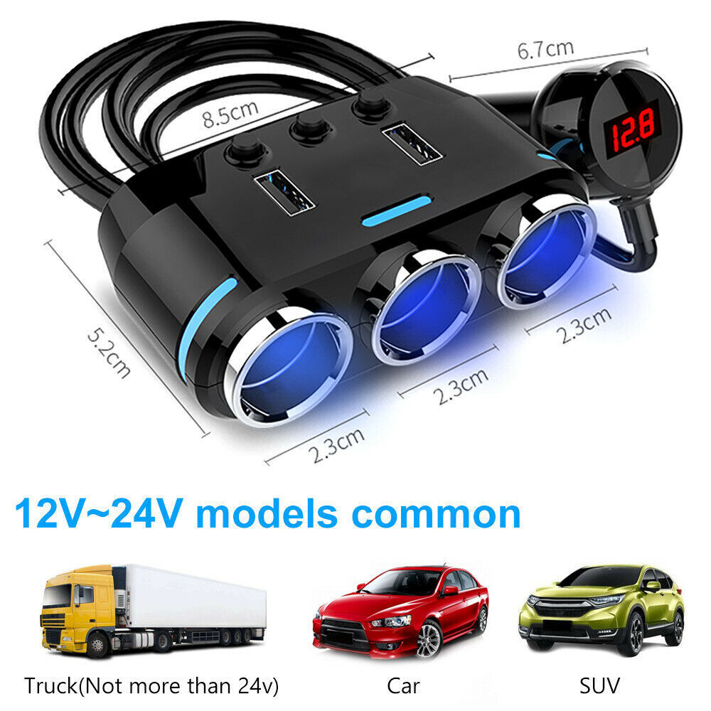 Three Way 12V Multi Socket Car Lighter Splitter Dual USB Charger Adapter