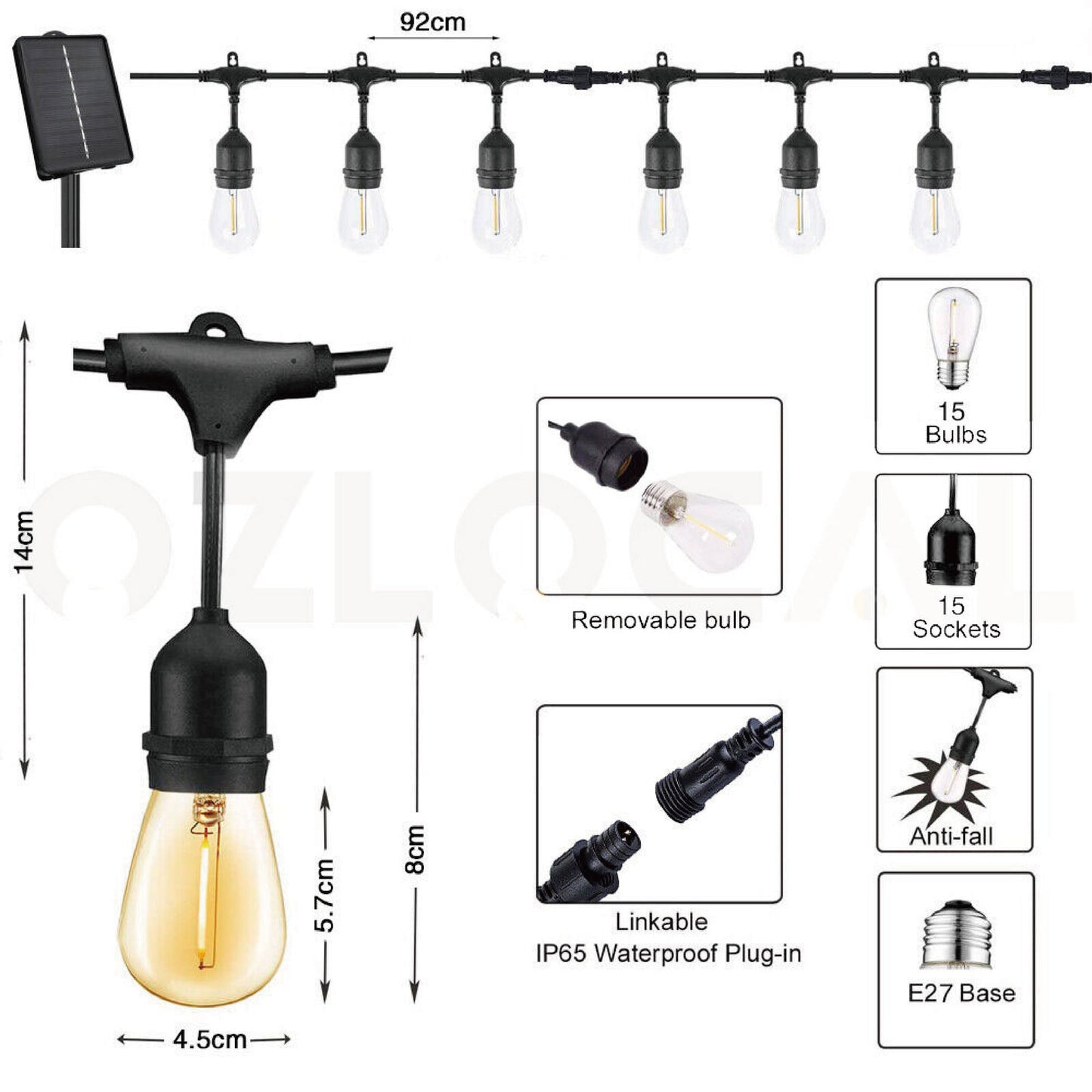 48FT LED Festoon Lights Solar String Light Waterproof Party Outdoor Bulbs