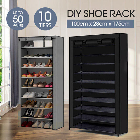 10 Tier Shoe Rack Portable Storage Cabinet Organiser Wardrobe Black Cover