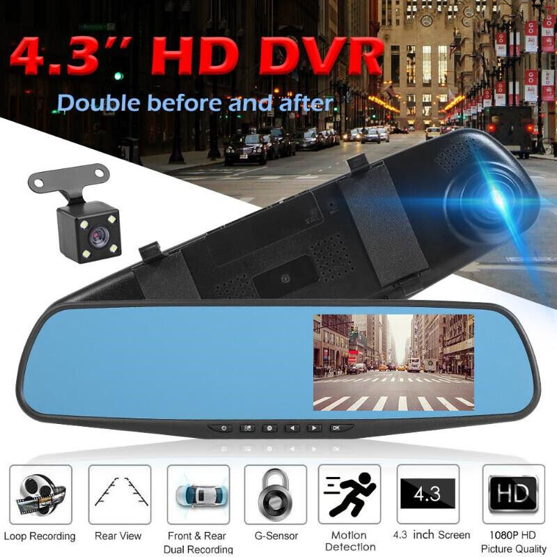 4.3" 1080P Dual Lens Car Auto DVR Dash Cam Video Camera Recorder Rearview Mirror