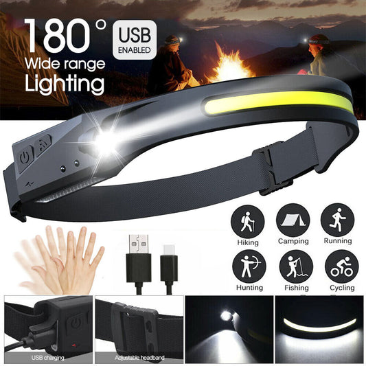 Waterproof COB LED Motion Sensor Head Torch Headlight USB Rechargeable Headlamp