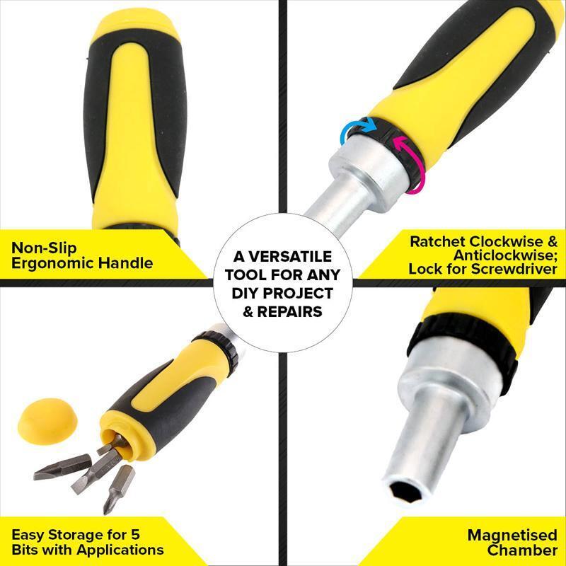 Handy Hardware® Ratchet Screwdriver & Bits Set Magnetic Tip Internal Storage