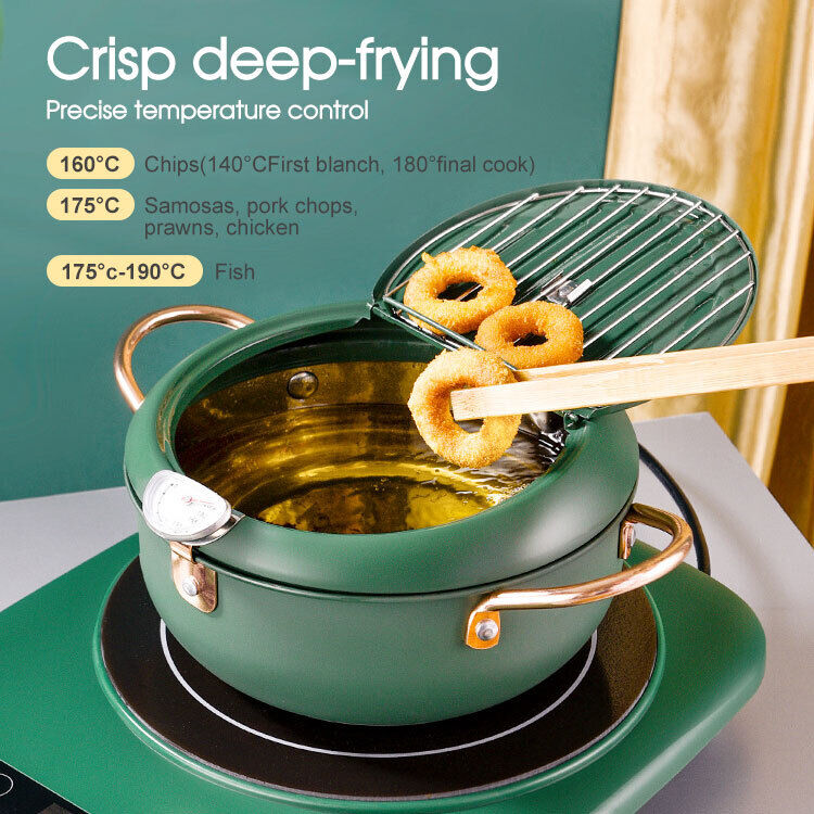 Japanese Deep Frying Pot with Thermometer Non-stick Tempura Fryer Pan 24m Green