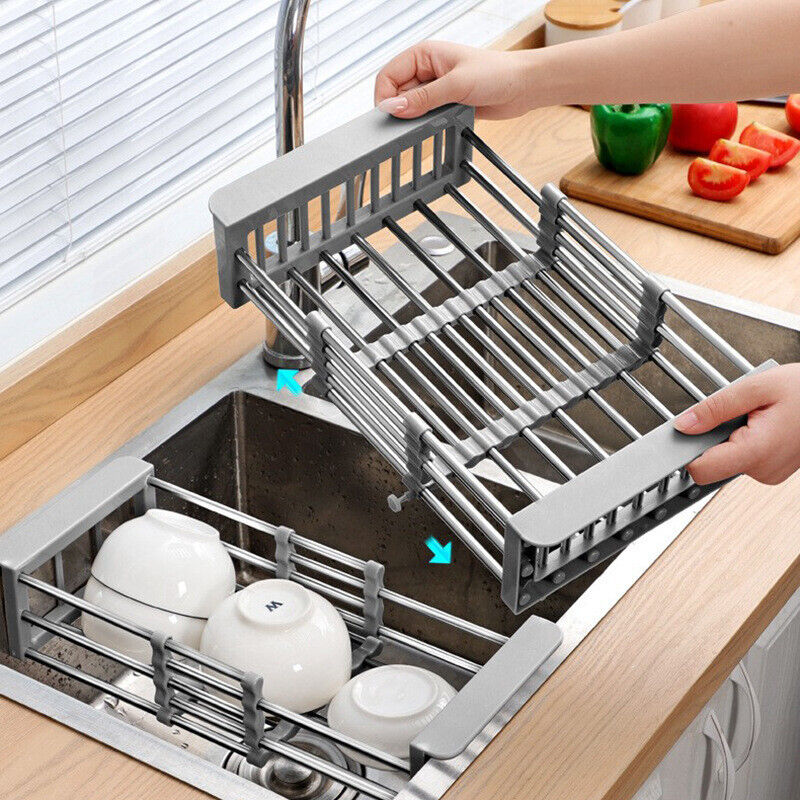 Stainless Steel Storage Sink Drain Basket Dish Drying Rack Kitchen Organizer