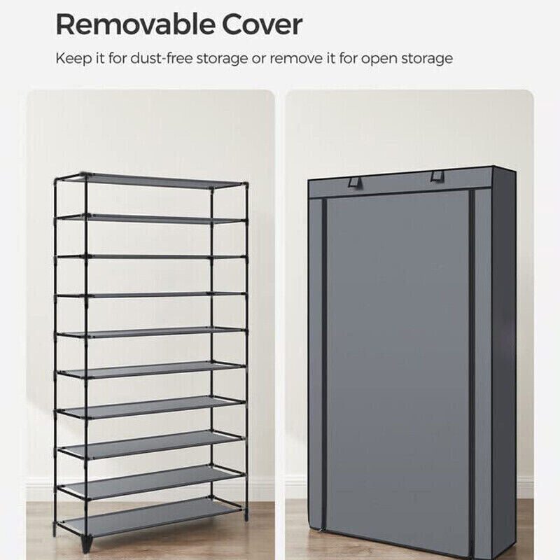 10 Tier Shoe Rack Portable Storage Cabinet Organiser Wardrobe Black Cover