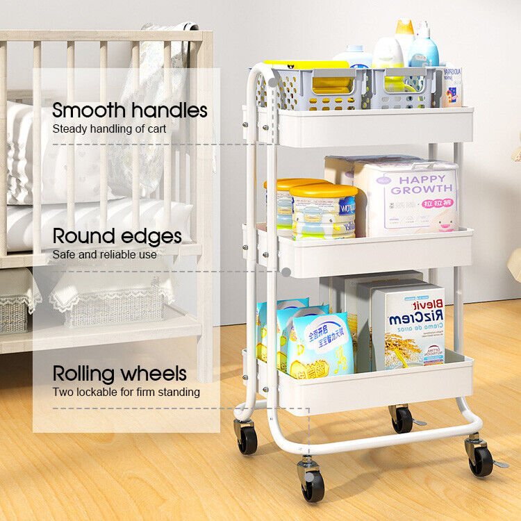 3 Tiers Kitchen Storage Trolley Cart Steel Rack Shelf Organiser Wheels