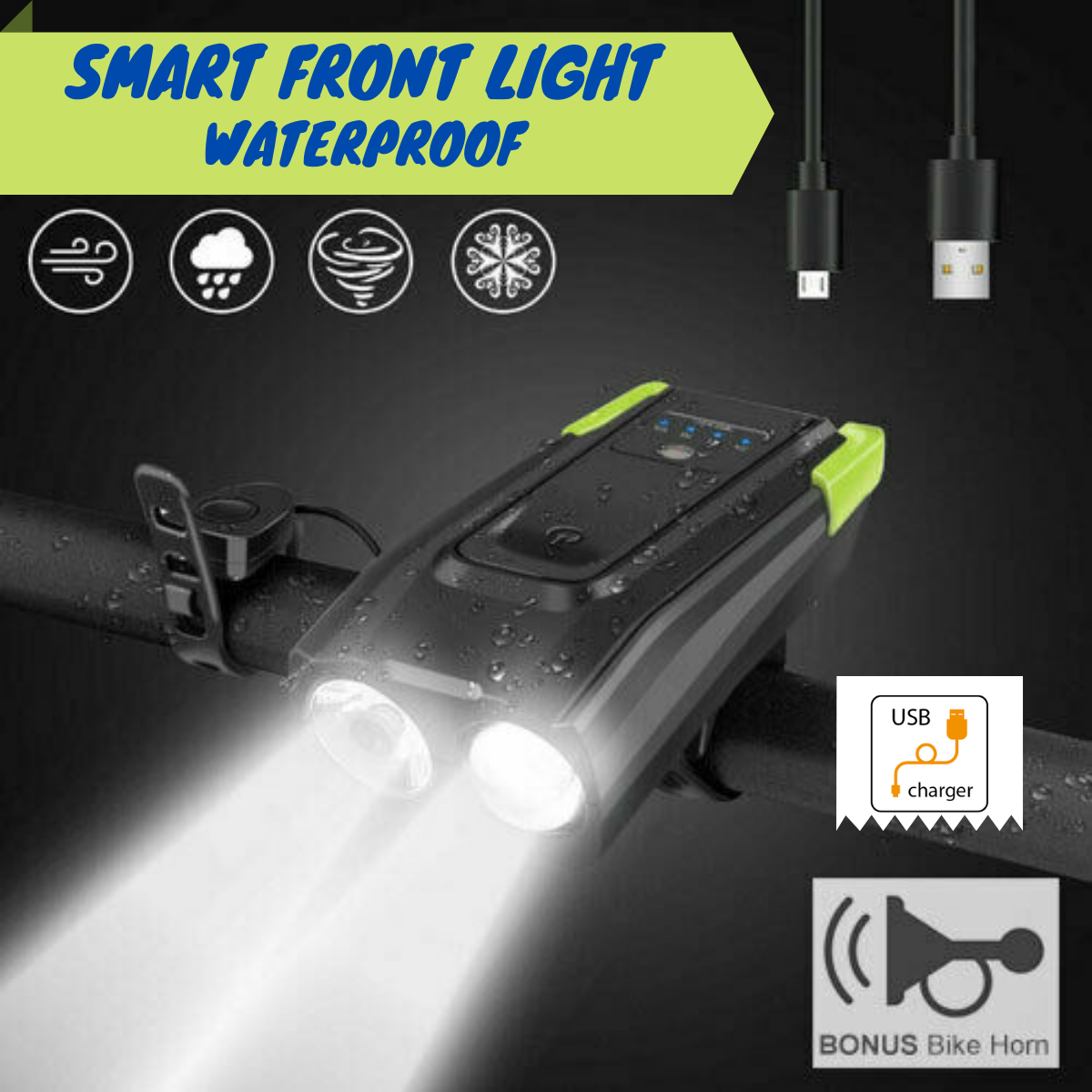 USB Rechargeable Bicycle Bike Smart Induction Front Light 2*T6 LED 6 Modes Horn