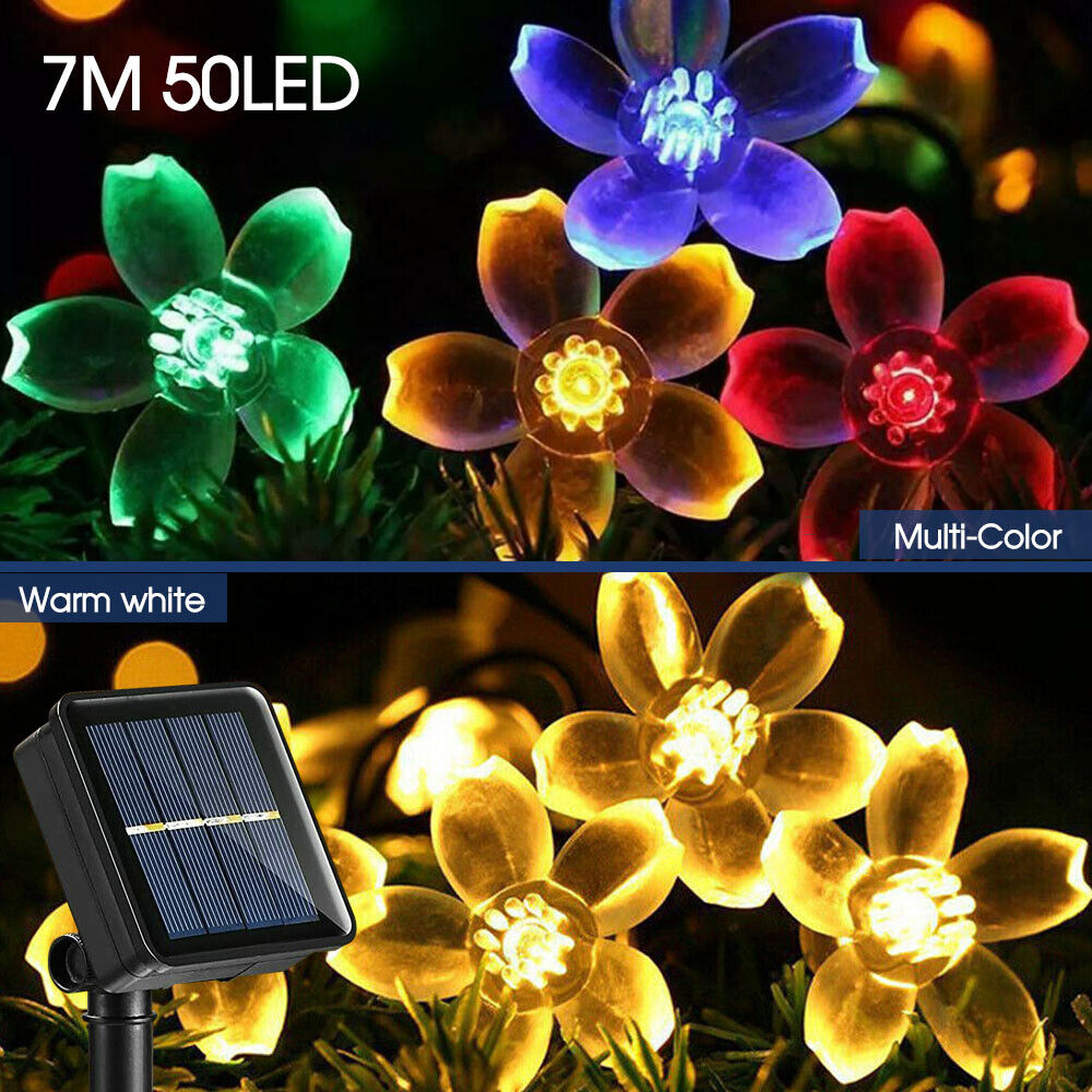 7M 50LED Waterproof Solar Cherry Flower String Fairy Lights Outdoor Garden Party