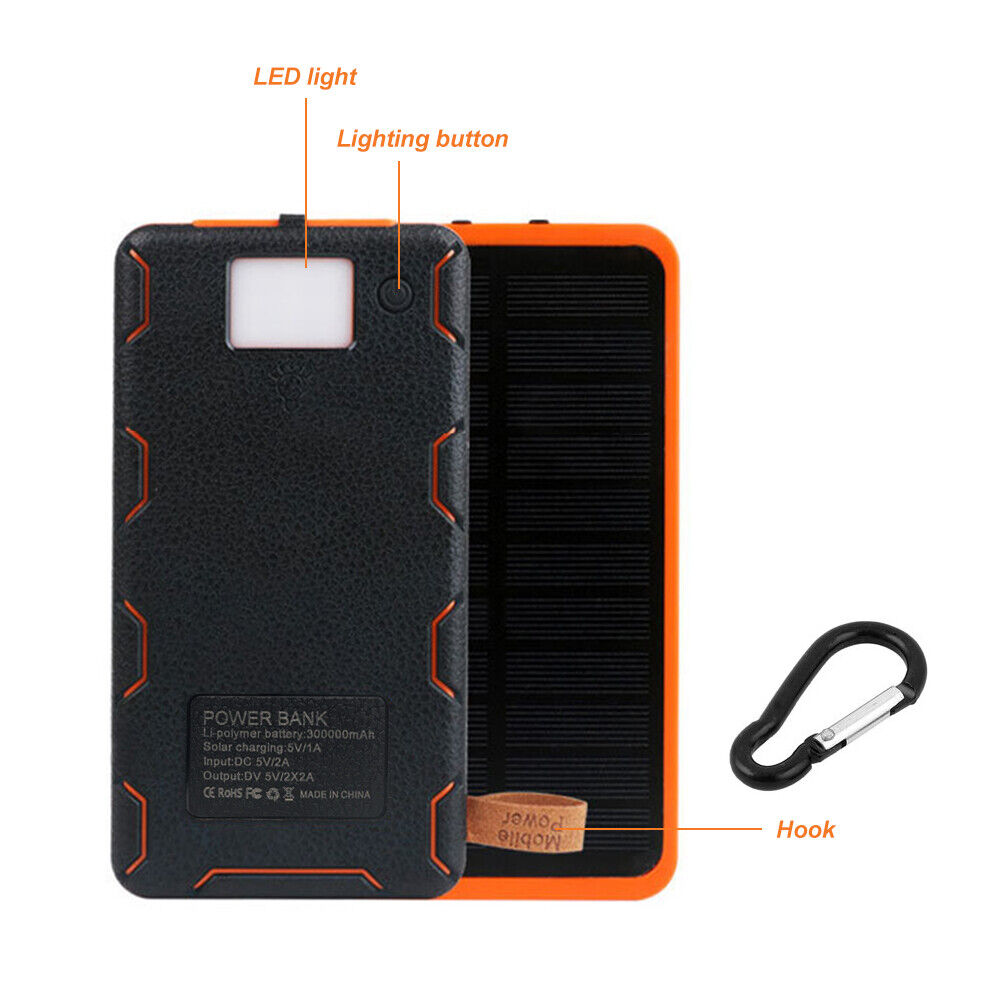 300000mAh Waterproof Portable Solar Charger Dual USB External Battery Power Bank