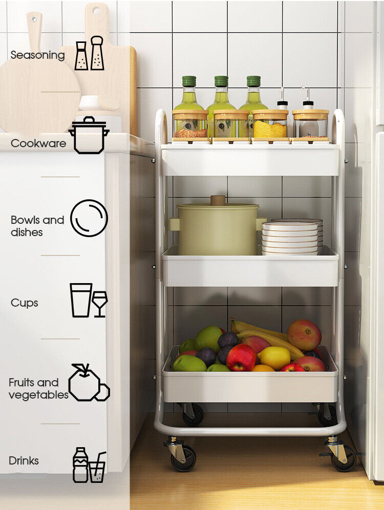 3 Tiers Kitchen Storage Trolley Cart Steel Rack Shelf Organiser Wheels
