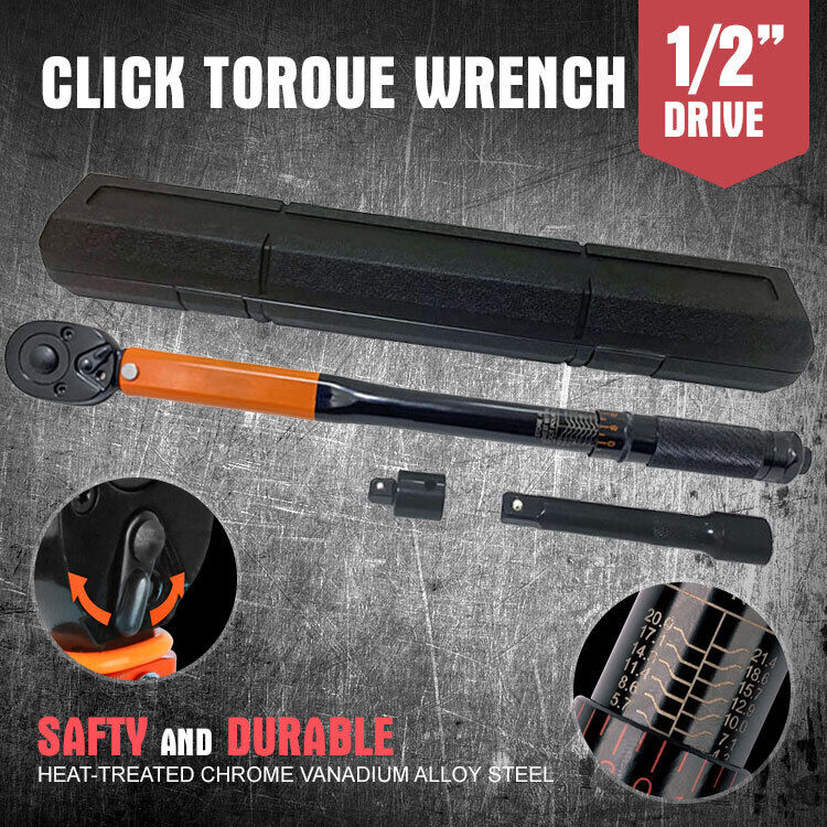 3Pc 1/2" Drive Click Torque Wrench Ratchet Socket with Adaptor Extension