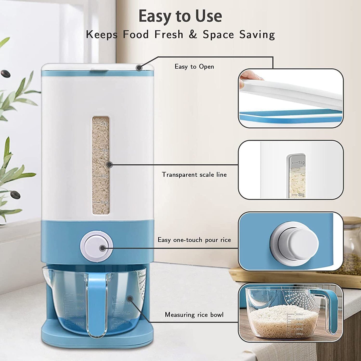Rice Cereal Dispenser 12KG Grain Container Auto Food Storage Box Measuring Cup