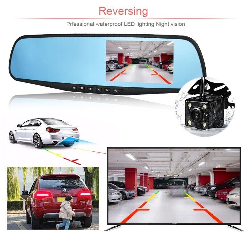 4.3" 1080P Dual Lens Car Auto DVR Dash Cam Video Camera Recorder Rearview Mirror
