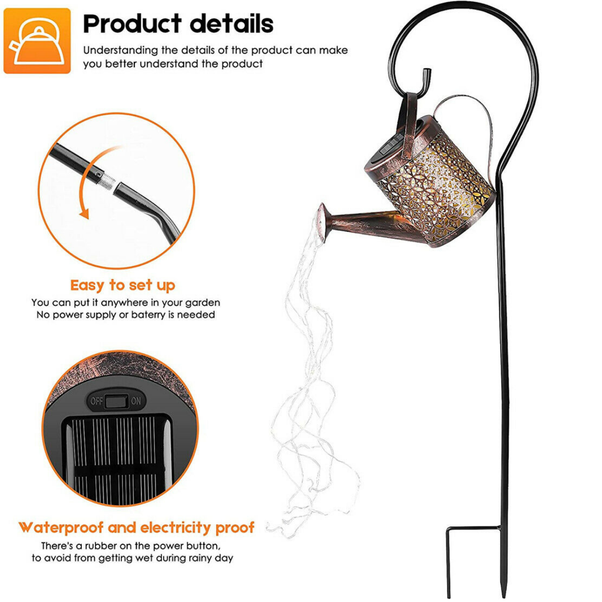 Solar LED Watering Can String Light Shower Outdoor Garden Art Tree Decor Lamp AU
