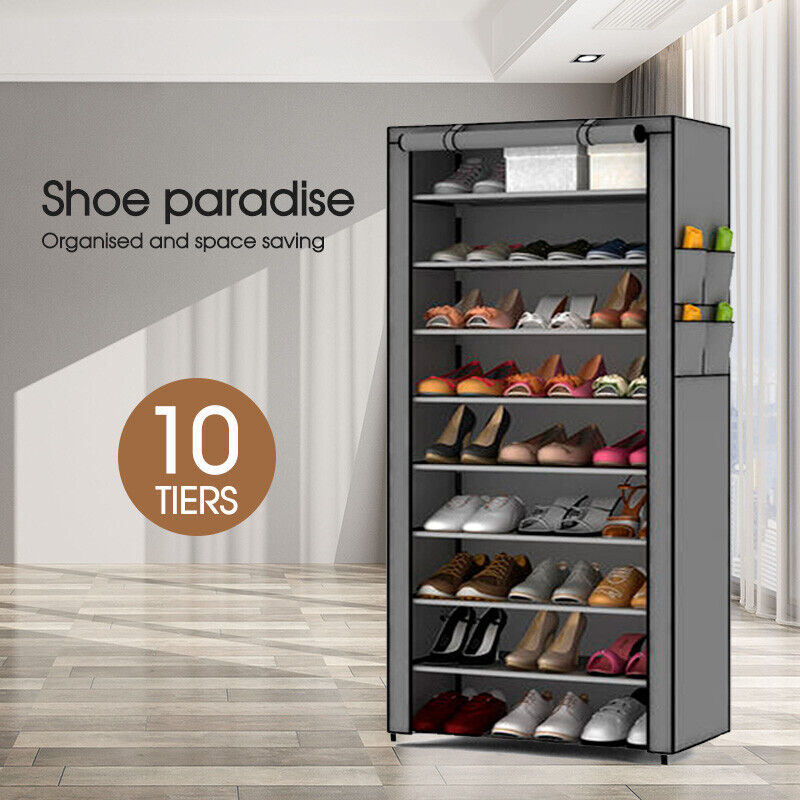 10 Tier Shoe Rack Portable Storage Cabinet Organiser Wardrobe Black Cover