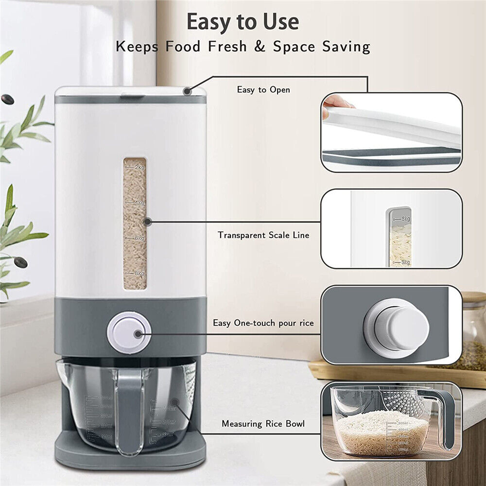 Rice Cereal Dispenser 12KG Grain Container Auto Food Storage Box Measuring Cup