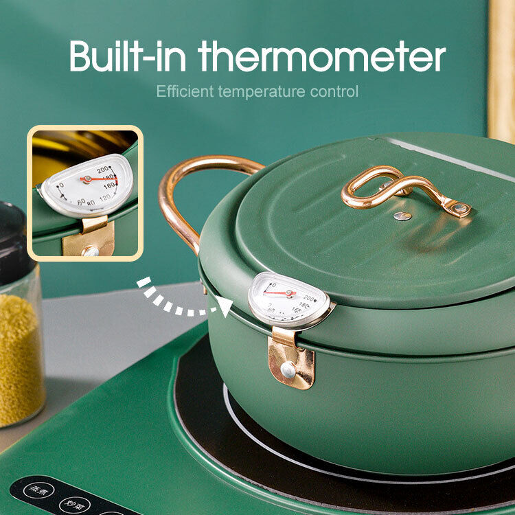 Japanese Deep Frying Pot with Thermometer Non-stick Tempura Fryer Pan 24m Green