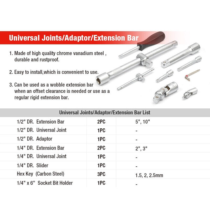 108PCS Tool Kit 1/2'' 1/4'' Ratchet Spanner Wrench Socket Hand Set Metric Driver
