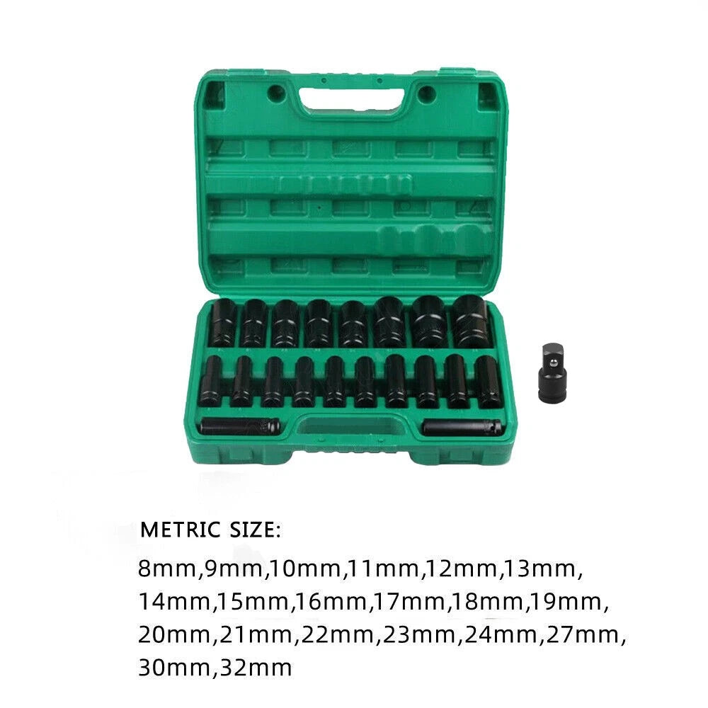 21x Drive Deep Impact Sockets 8-32MM Metric 1/2" Garage Workshop Tools Kit CRV