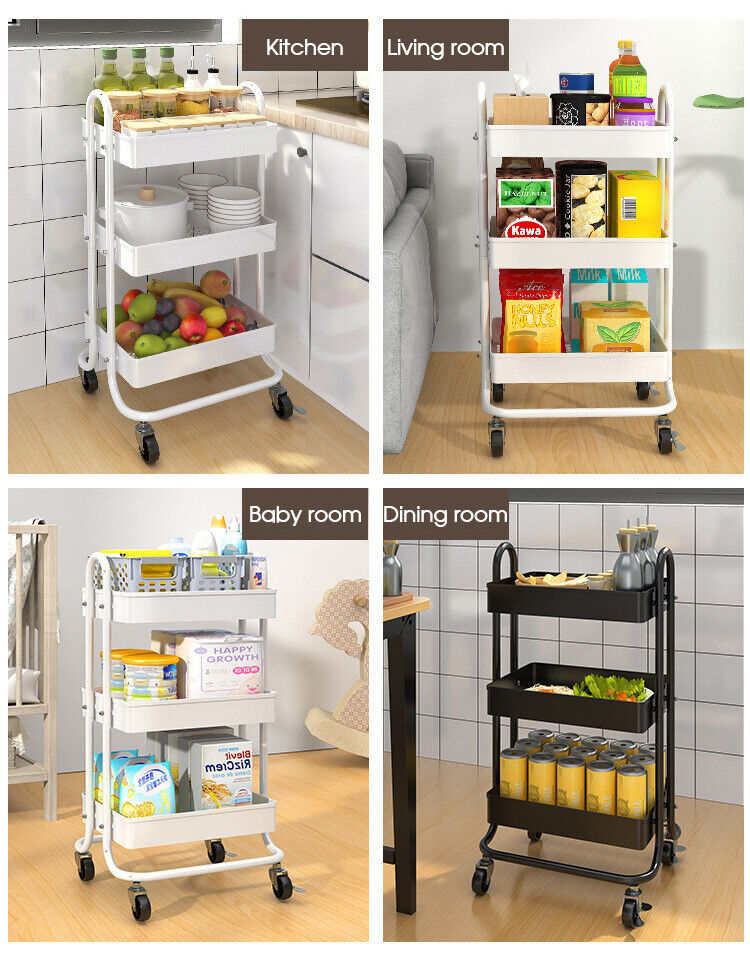 3 Tiers Kitchen Storage Trolley Cart Steel Rack Shelf Organiser Wheels