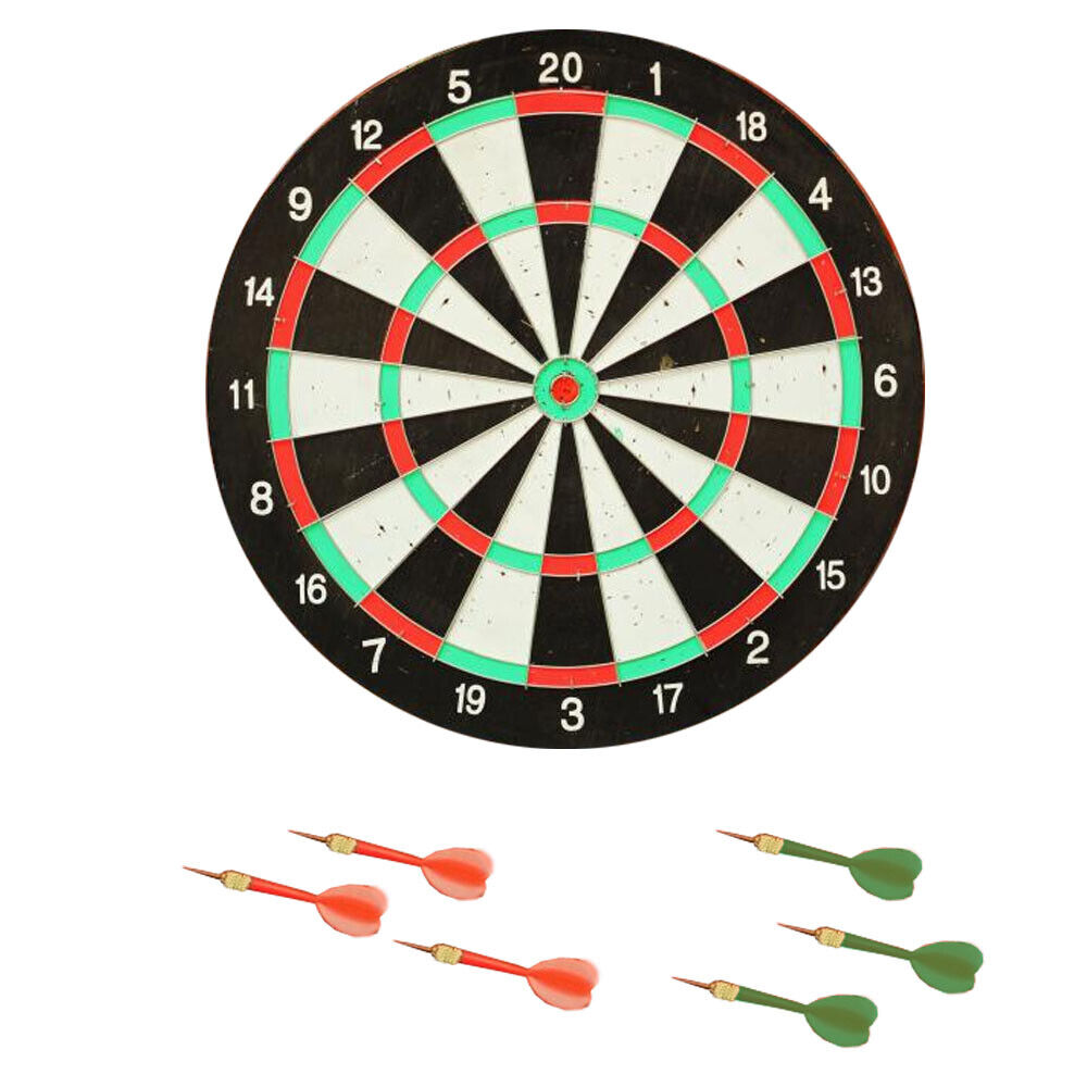 Dart Board Set Wooden Dartboard + 6 Darts Green & Red Man Cave Competitive Game