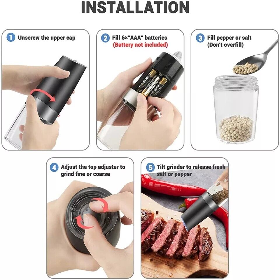Gravity Electric Salt and Pepper Grinder Mill Shakers Adjustable Automatic