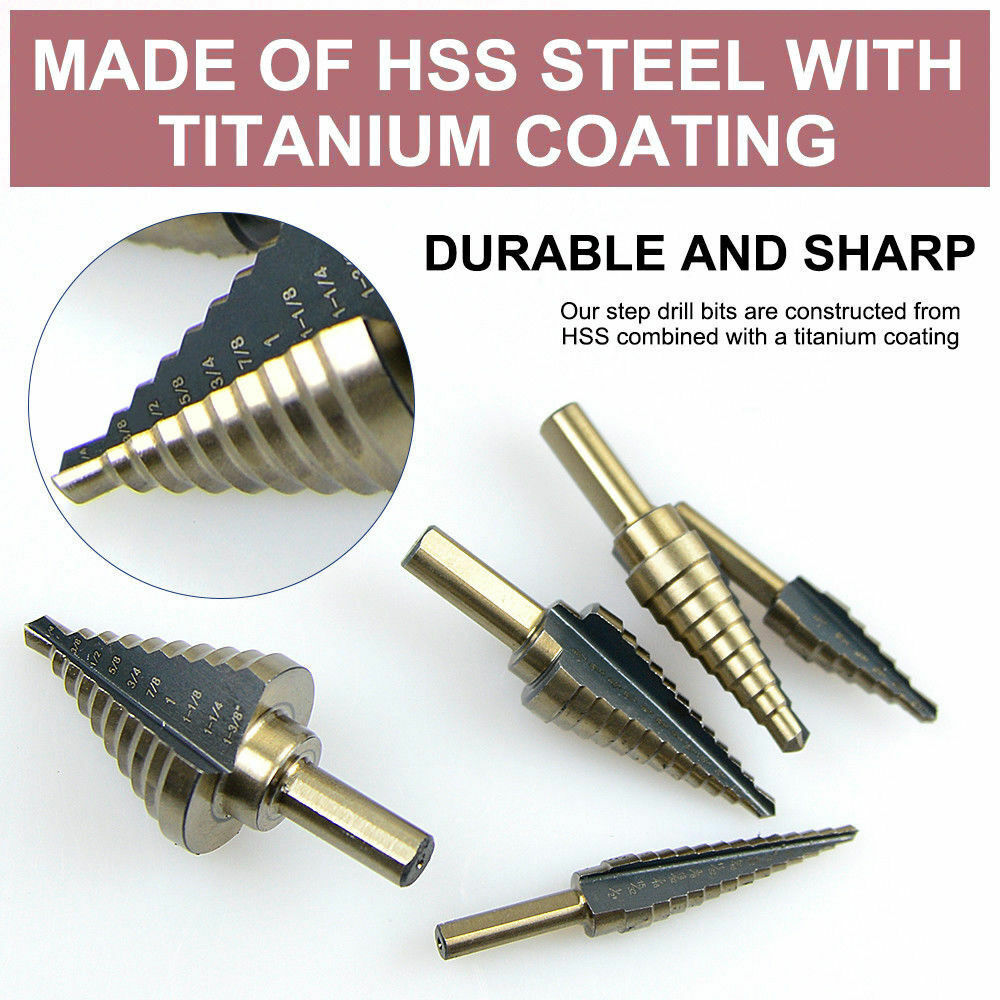5PCS HSS Step Steel Cone Drill Titanium Bits Set Kit Hole Cutter+Aluminum Case
