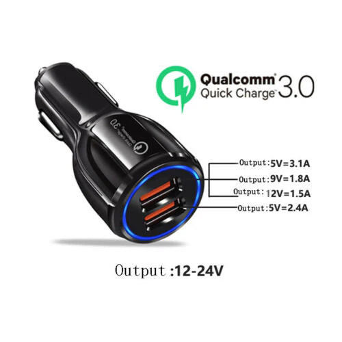 FAST CAR CHARGER USB QUICK CHARGER 2 PORT QUALCOMM QC3.0 LIGHTER SOCKET BLACK