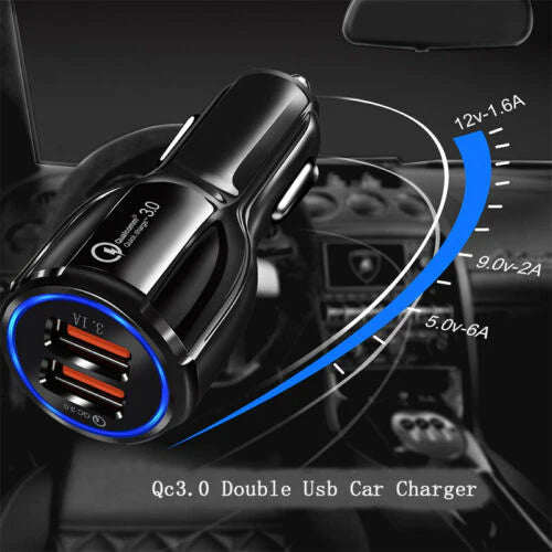 FAST CAR CHARGER USB QUICK CHARGER 2 PORT QUALCOMM QC3.0 LIGHTER SOCKET BLACK