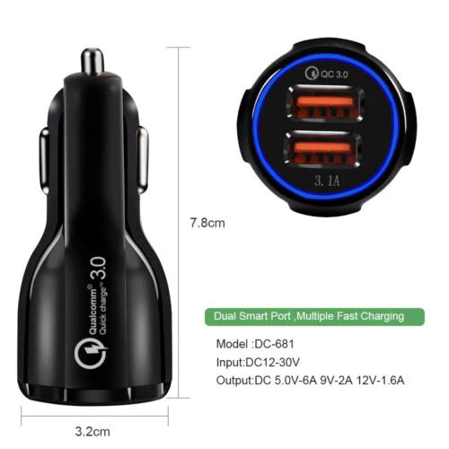 FAST CAR CHARGER USB QUICK CHARGER 2 PORT QUALCOMM QC3.0 LIGHTER SOCKET BLACK