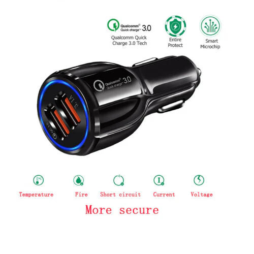 FAST CAR CHARGER USB QUICK CHARGER 2 PORT QUALCOMM QC3.0 LIGHTER SOCKET BLACK